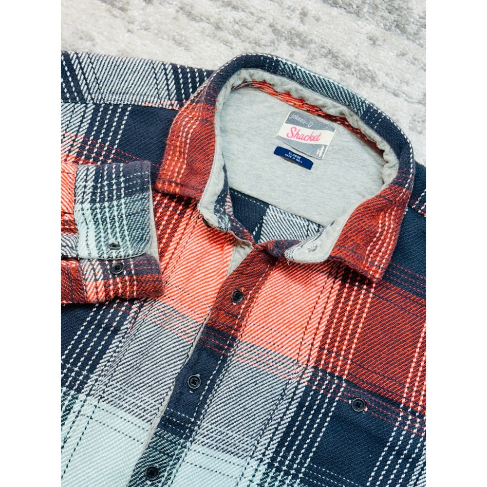 johnnie-O Shacket Men XL Orange Blue Plaid Flannel Button Front Shirt Jacket